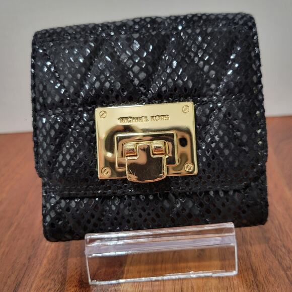 Michael Kors Leather Faux Snakeskin Tri Fold Wallet Card Slots ID Window Gold - Picture 1 of 10